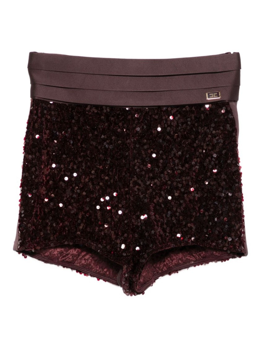 Elisabetta Franchi High-Waisted Sequined Bordeaux Bermudas