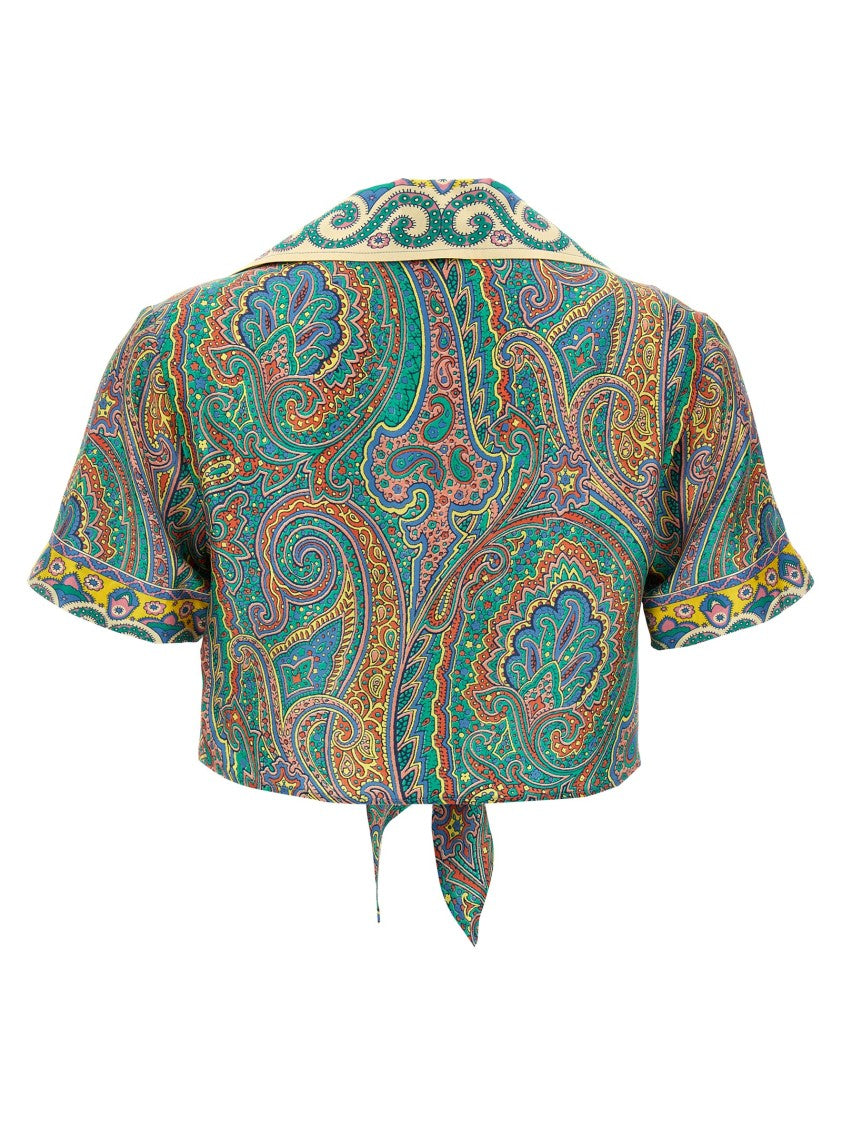 Etro Cropped Silk Shirt With Paisley Print And Knotted Waist