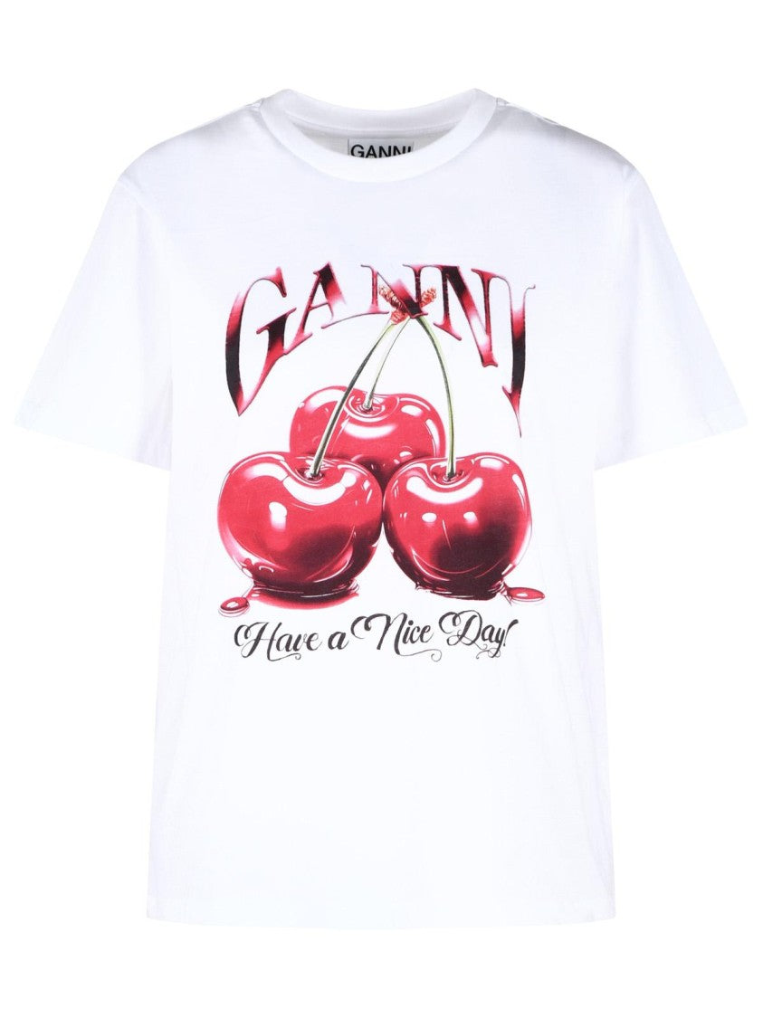 Ganni 'Cherry' White Cotton T-Shirt