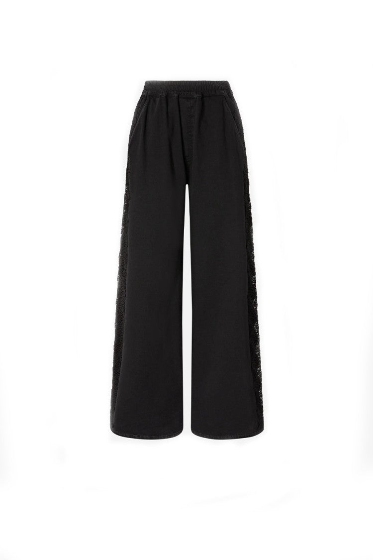 Pinko Black Palco Wide-Leg Lace Side Panels Cotton Pants