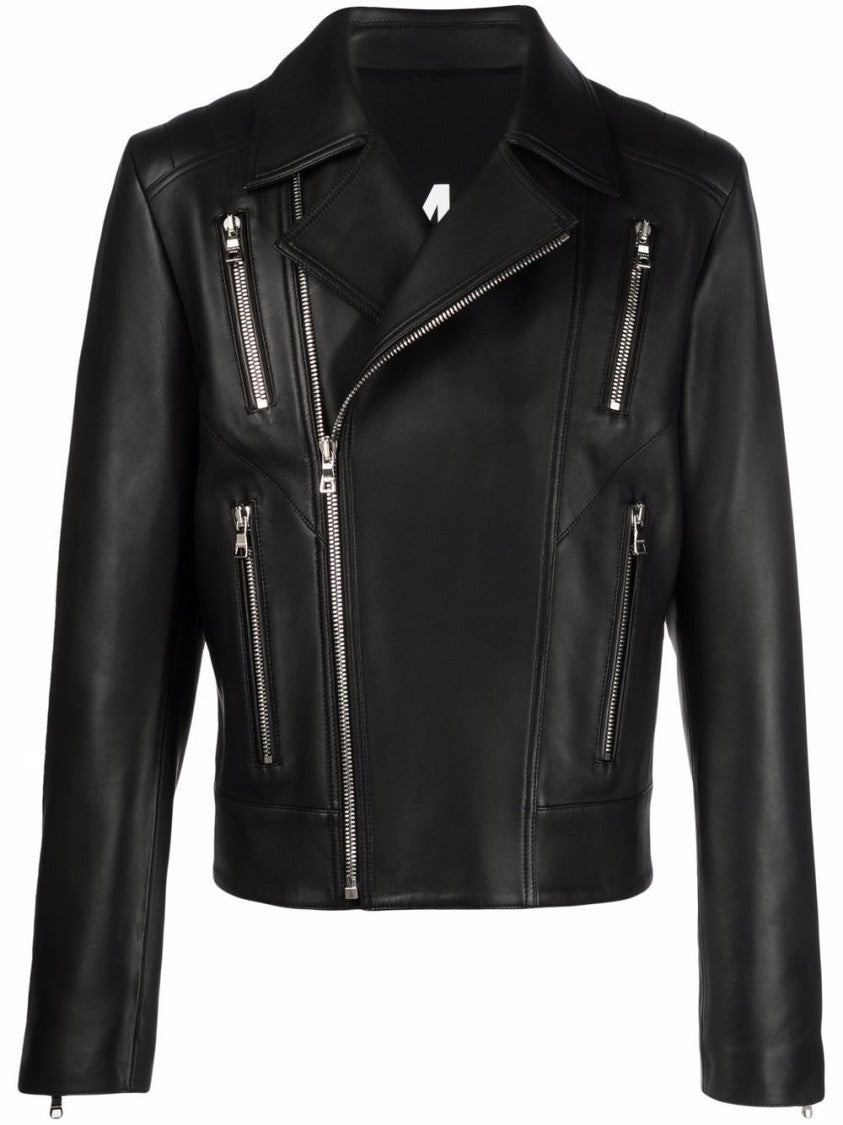 Balmain Black Cropped Asymmetrical Zip Leather Jacket