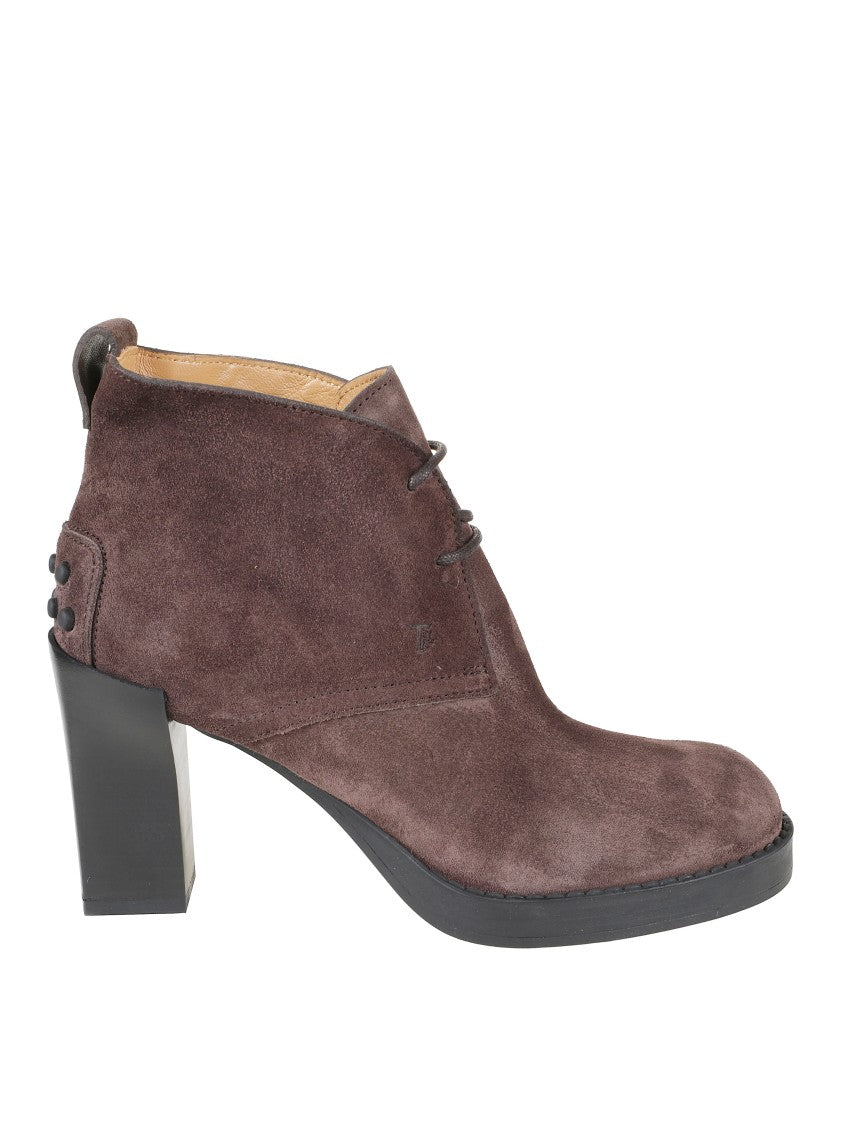 Tod's Brown Suede Ankle Boots With High Block Heel And Lace-Up Front