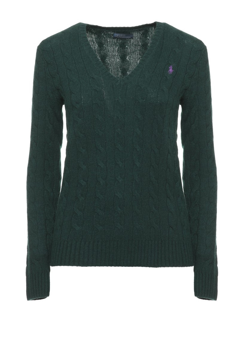 Polo Ralph Lauren Green V-Neck Cable-Knit Wool Sweater