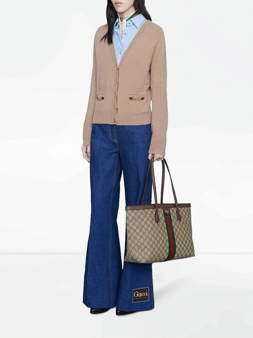 Gucci Medium Monogram Canvas Tote With Leather Trim And Double G Logo