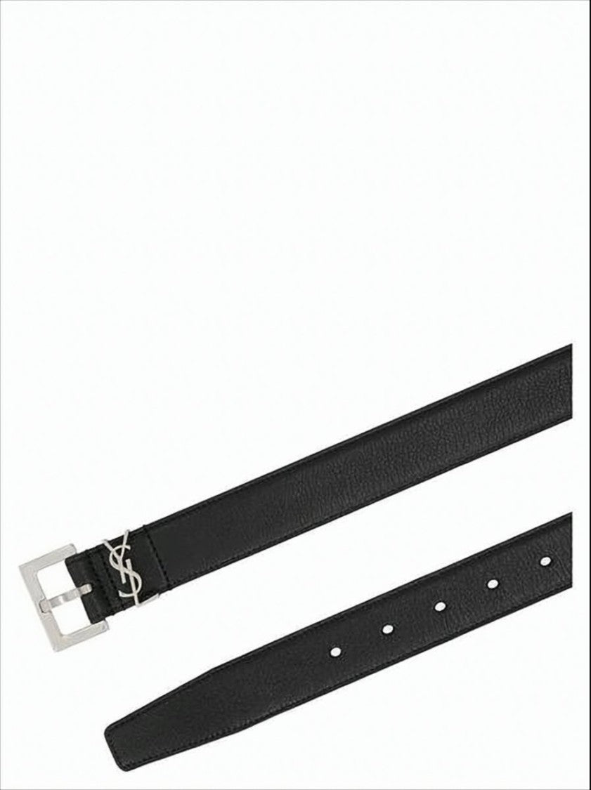 Saint Laurent Black Leather Belt With Rectangular Silver Buckle