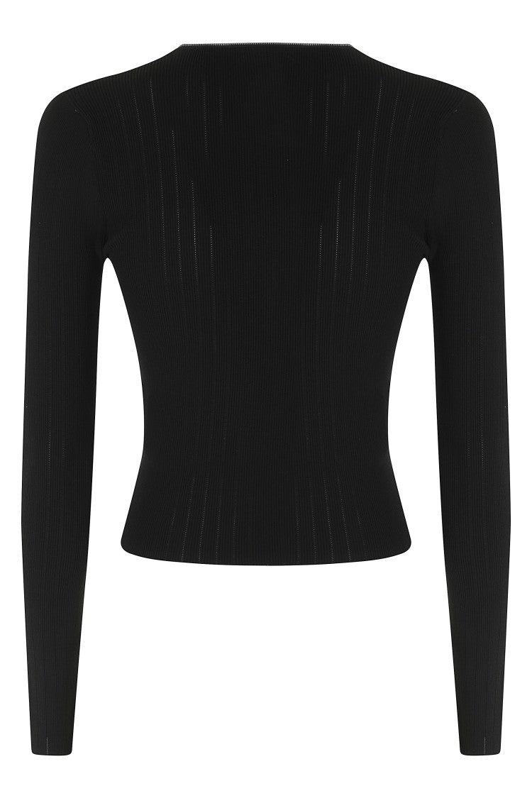 Alexander Wang Black Pointelle V-Neck Ribbed Polyamide Cardigan