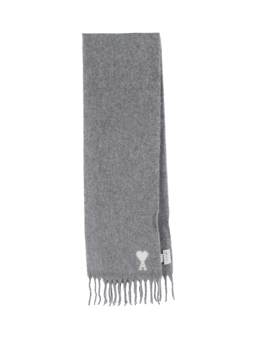 Ami Paris Rectangular Grey Wool Blend Scarf With Fringed Edges And Intarsia Logo