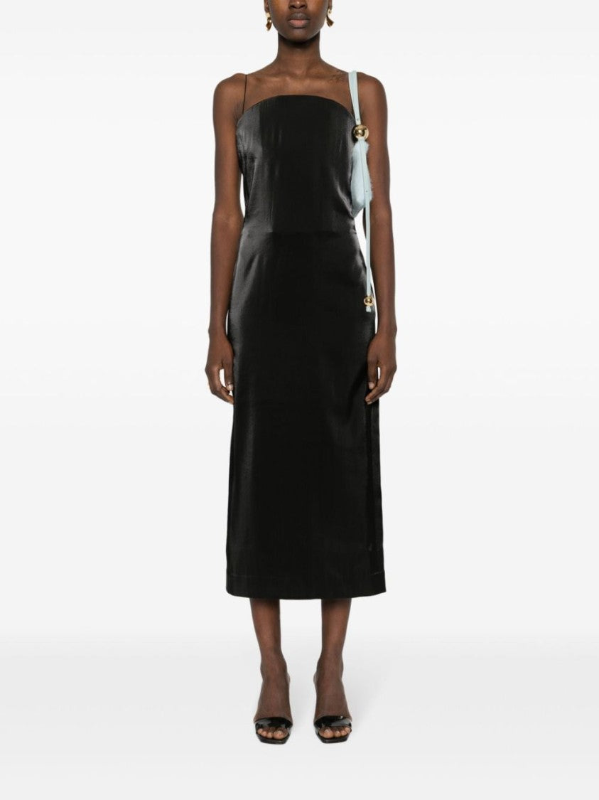 Jacquemus Calf-Length Black Satin Finish Spaghetti Strap Dress