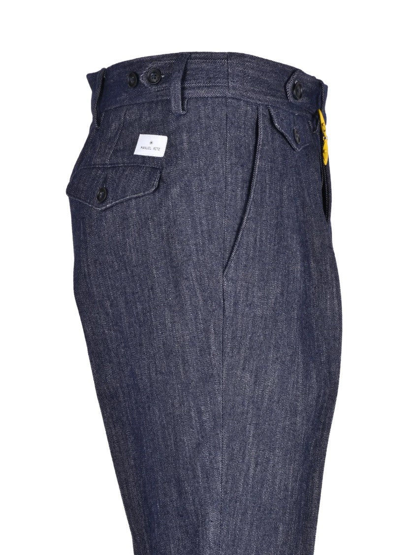 Manuel Ritz Blue Pleated Cotton-Blend Pants