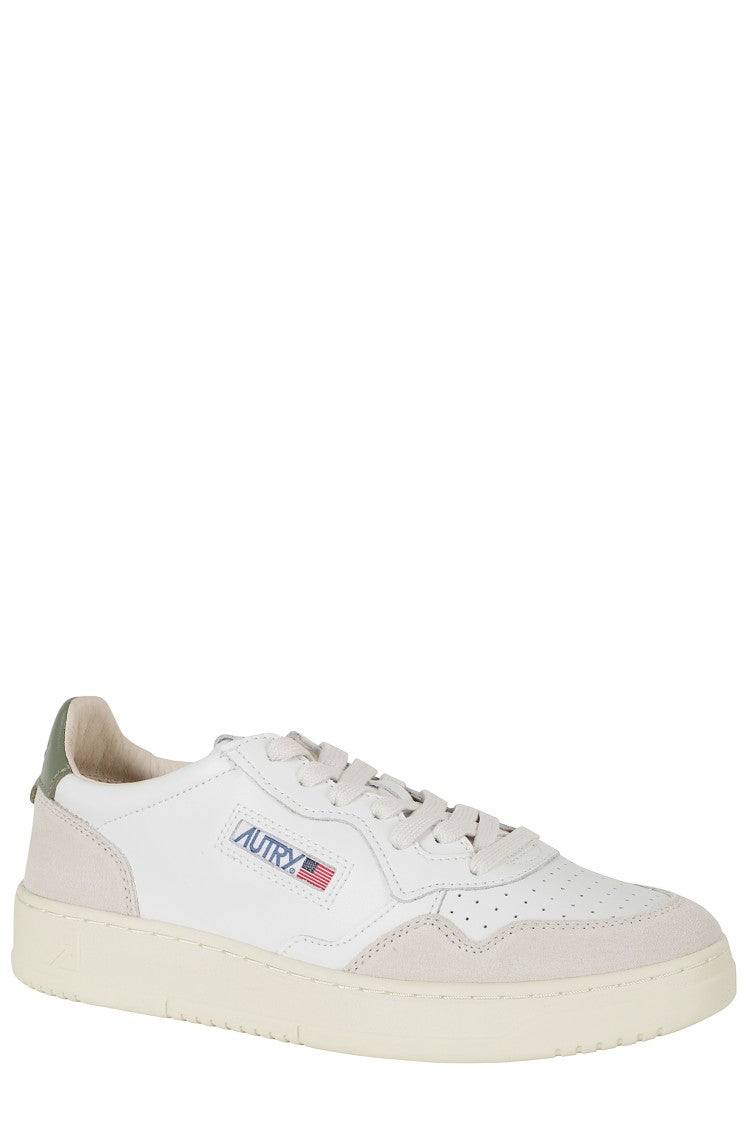 Autry White Green Medalist Low Suede Inserts Leather Sneakers