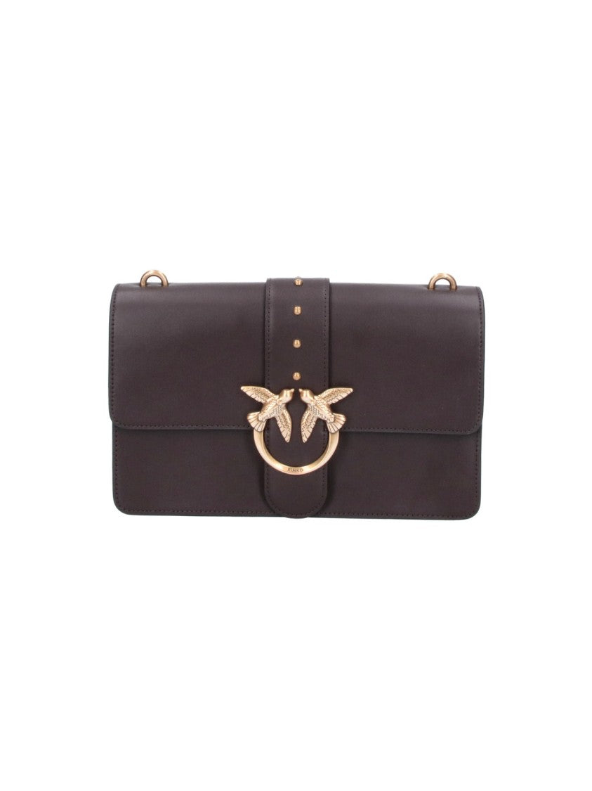 Pinko Brown Love One Gold-Tone Chain Leather Shoulder Bag