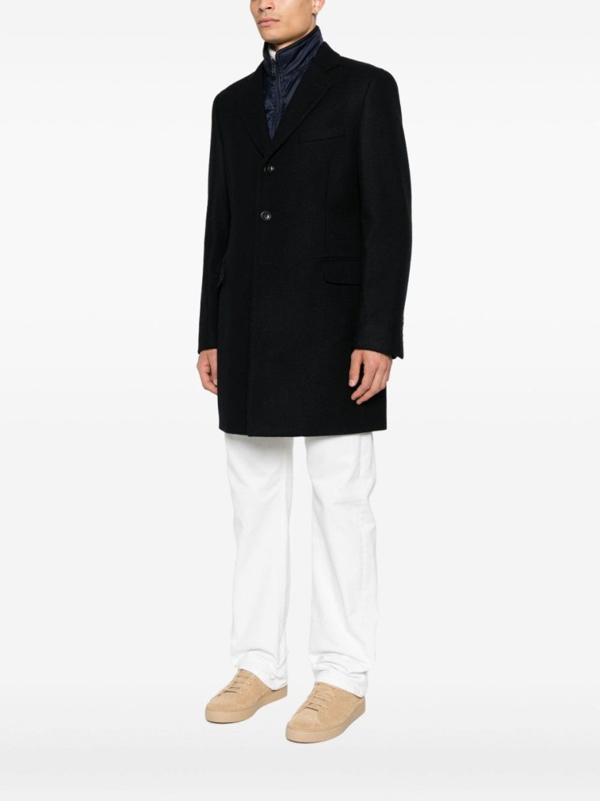Fay Layered Navy Blue Coat With Button Fastening And Flap Pockets