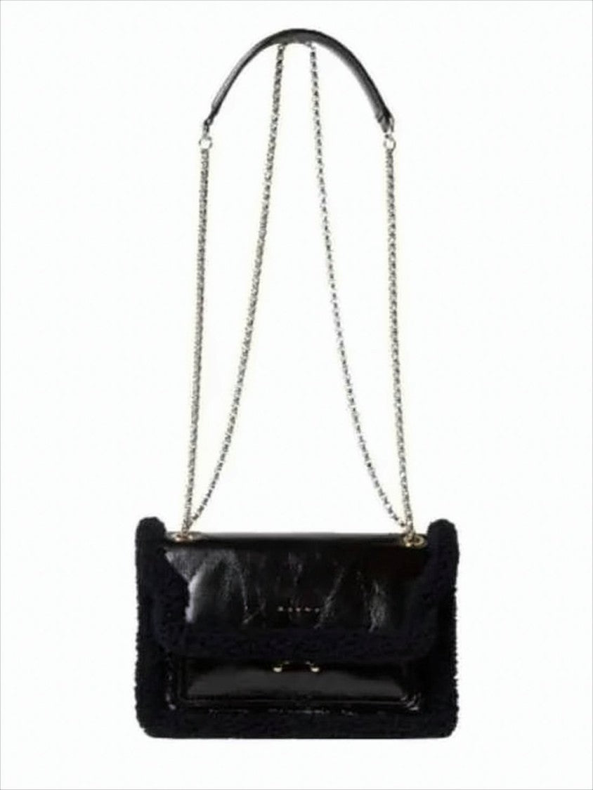 Marni Glossy Leather Shoulder Bag With Shearling Trim
