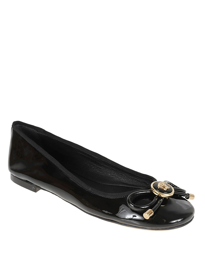 Versace Glossy Black Calf Leather Flat Shoes