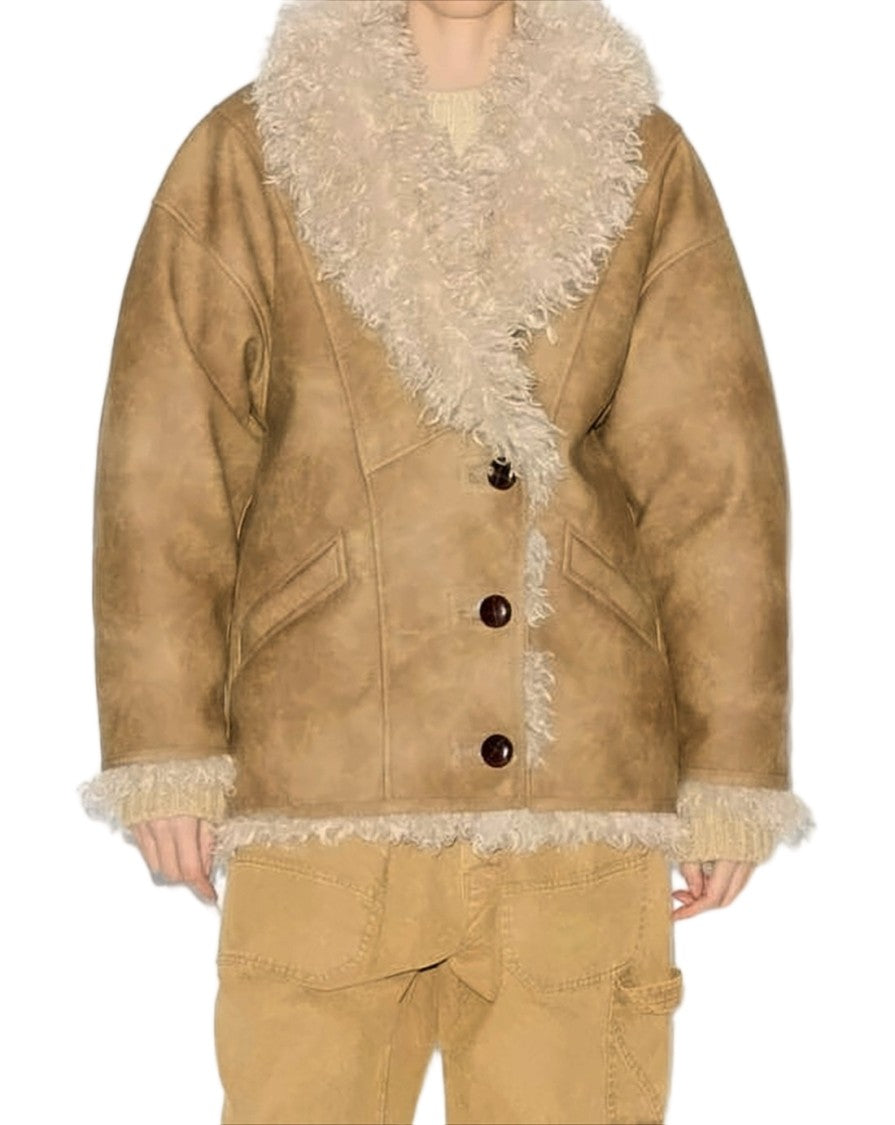 Isabel Marant Boxy Short Coat With Plush Shearling Collar