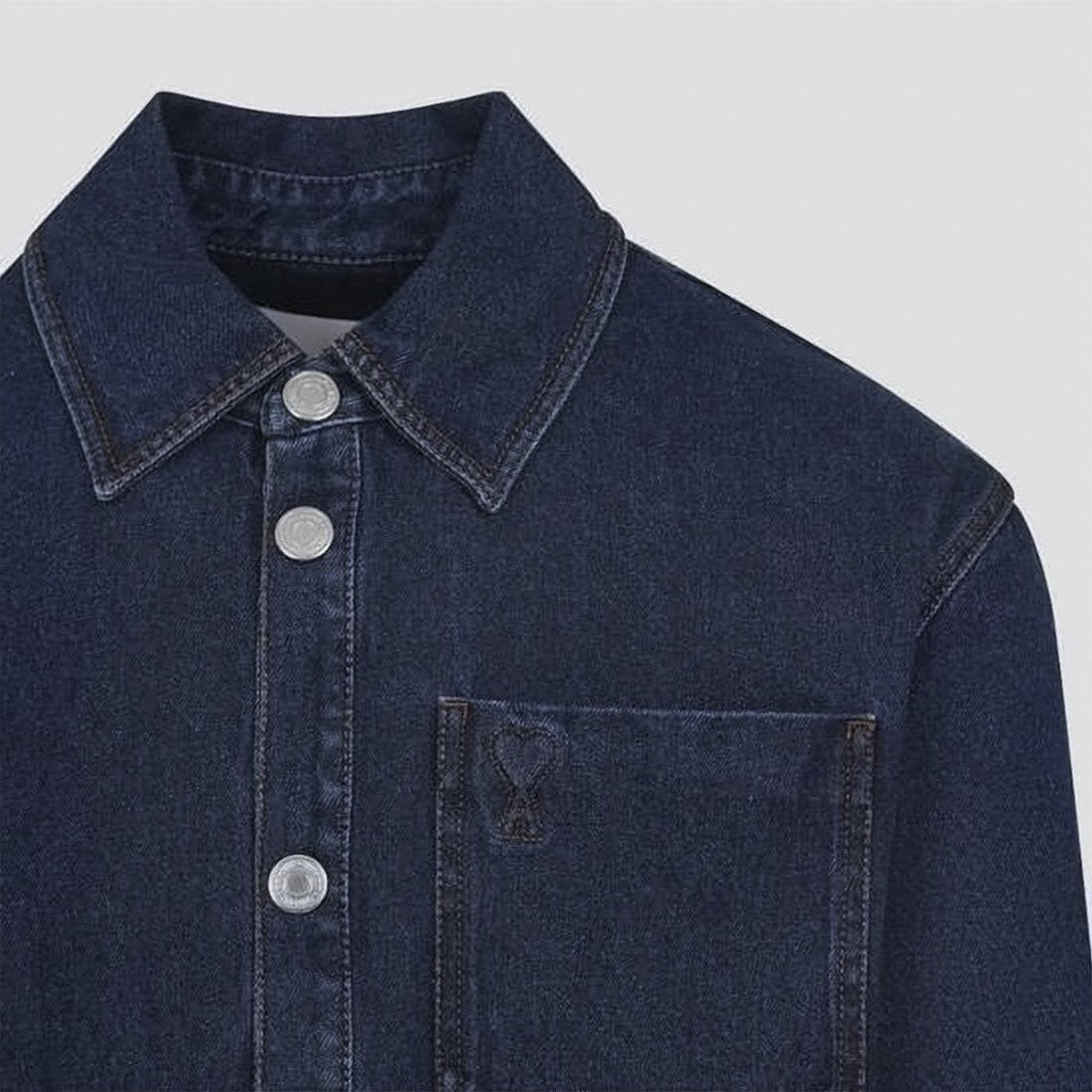 Ami Paris Tone-On-Tone Heart Logo Denim Overshirt In Deep Blue