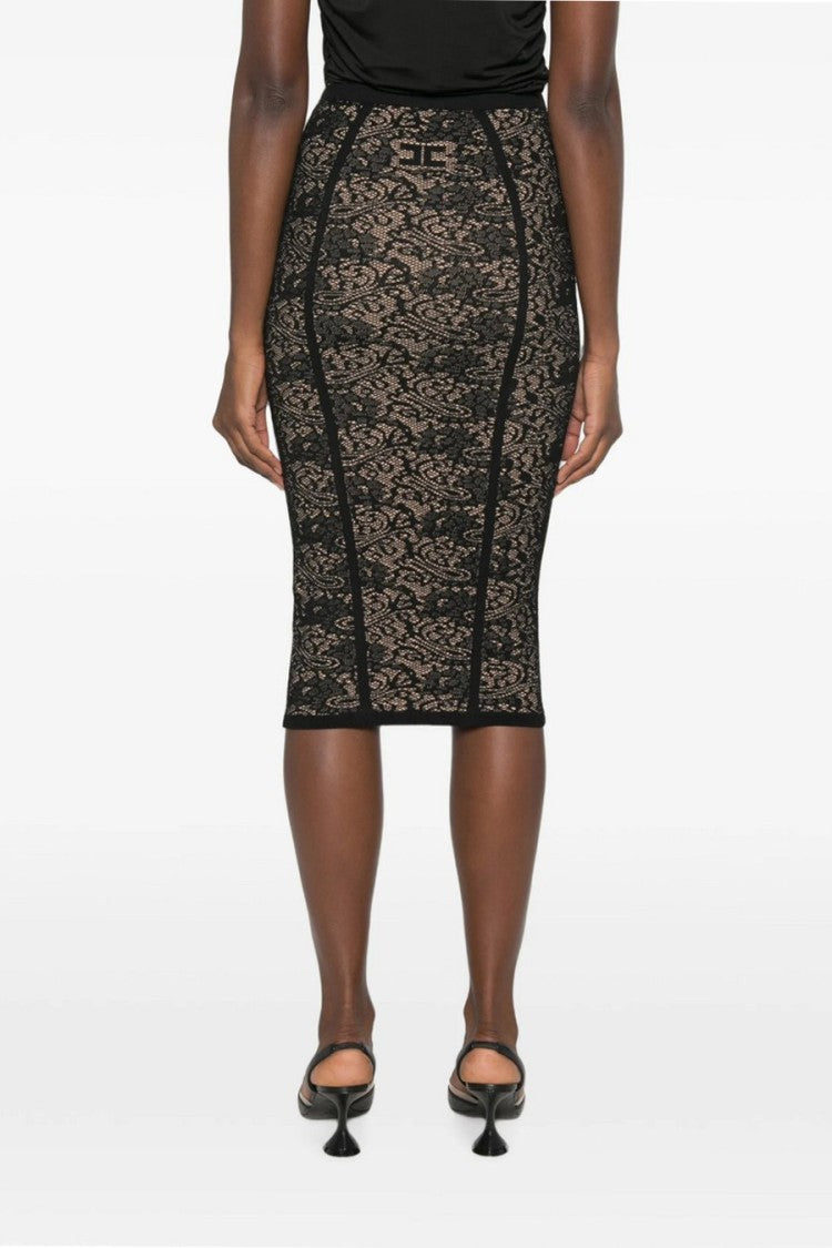 Elisabetta Franchi Black Lace-Effect Panel Midi Skirt