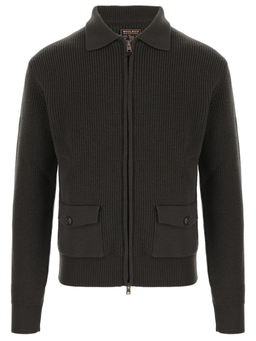 Woolrich Dark Green Full-Zip Ribbed Knit Wool Sweater