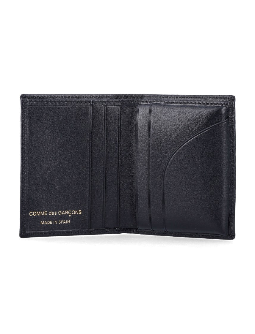 Comme Des Garçons Bi-Fold Black Leather Cardholder With Gold-Tone Logo Detail