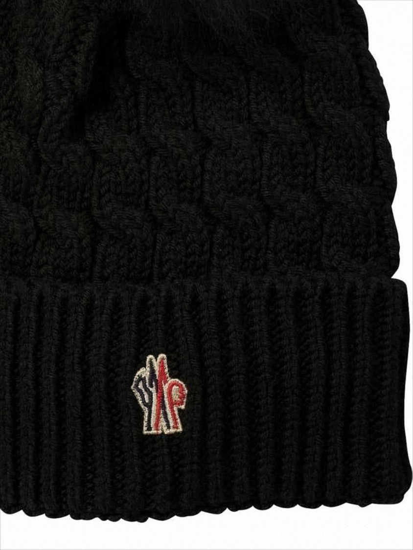 Moncler Textured Cable Knit Beanie With Fluffy Pom-Pom And Embroidered Logo