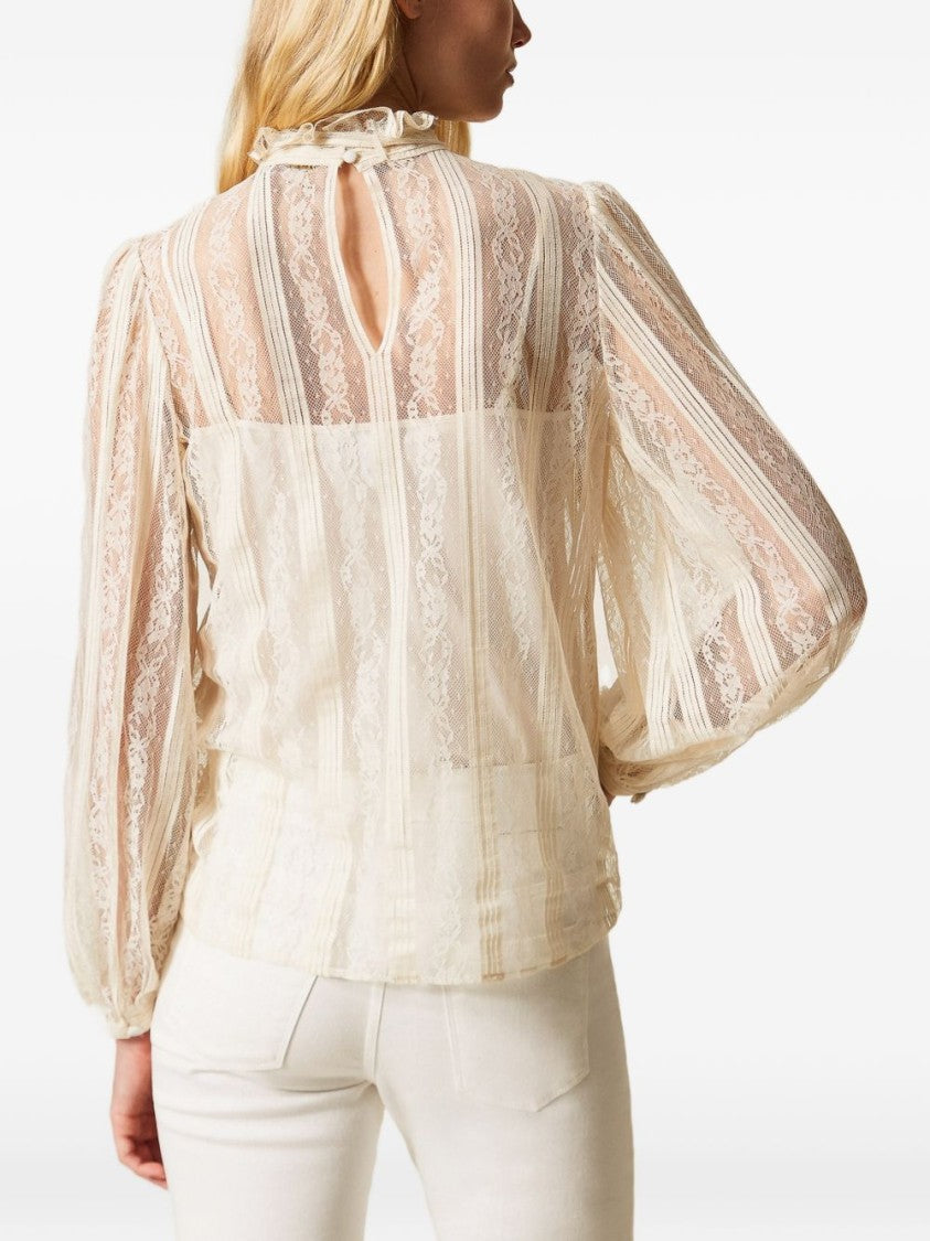 Twin-Set Sheer Lace Panel Blouse With Ruffled Collar And Bow Tie