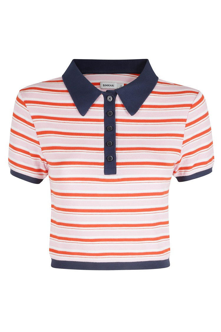 Simkhai Pink Marnie Knit Striped-Pattern Viscose-Blend Polo Shirt