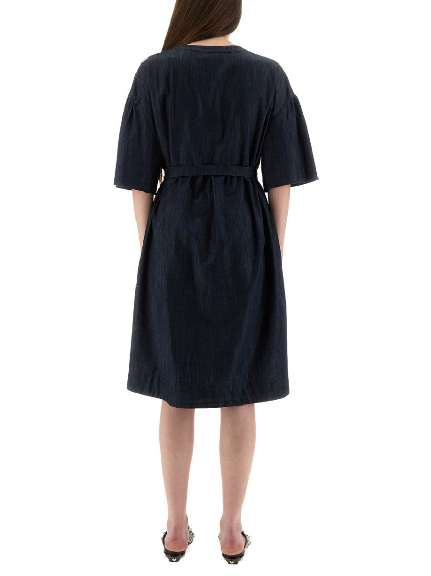 Max Mara Knee-Length Cotton Dress With V-Neckline And Belted Waist