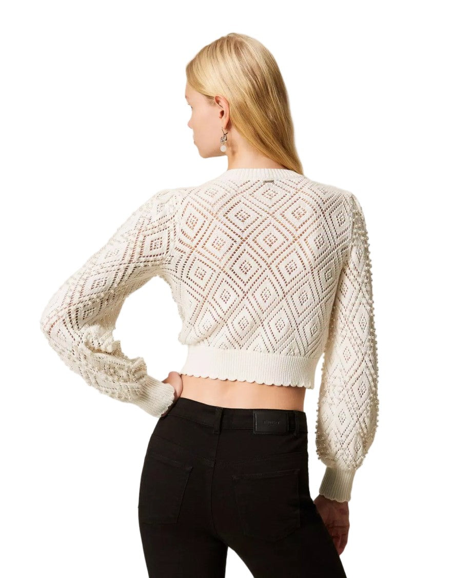 Twin-Set Cotton Punched Diamond Pearl Accent Scalloped Cardigan