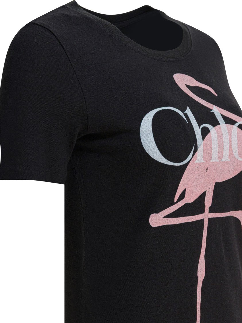 Chloé Fitted Cotton Jersey T-Shirt With Flamingo Motif