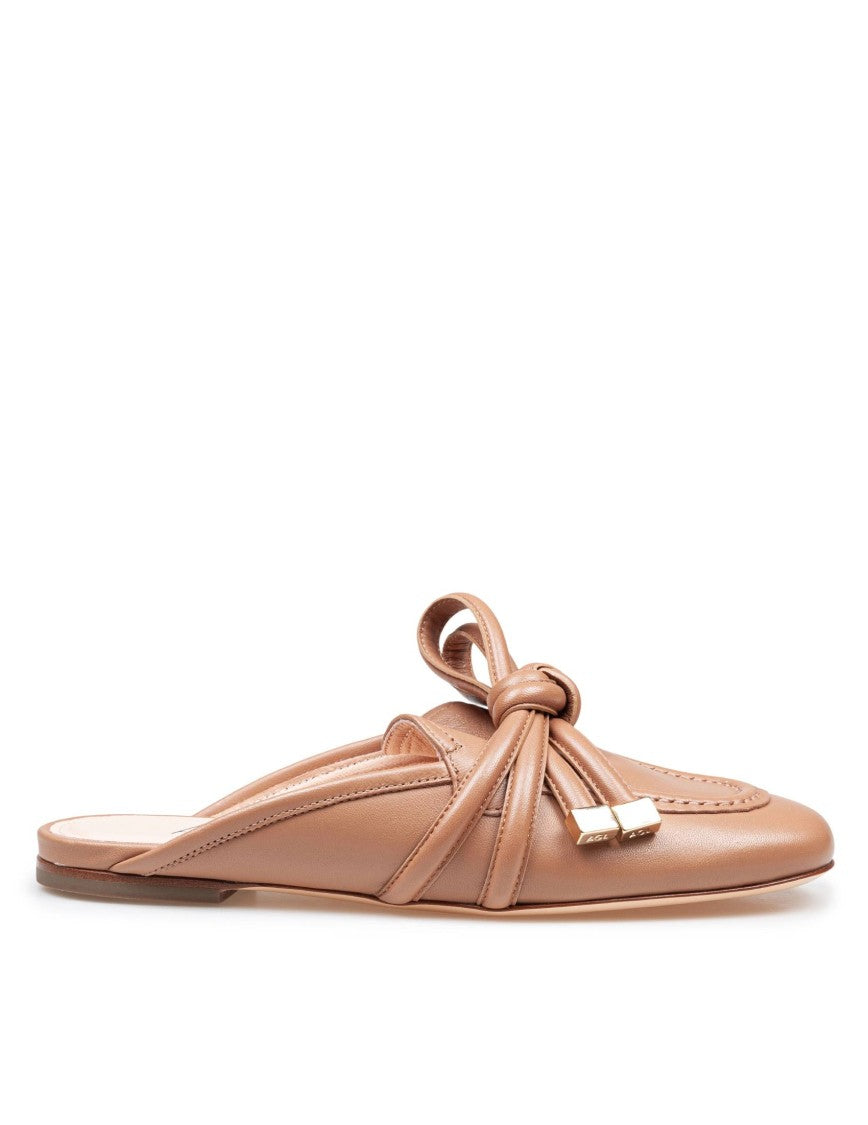 Agl Cocoa Leather Mules With Knotted Ribbon Detail