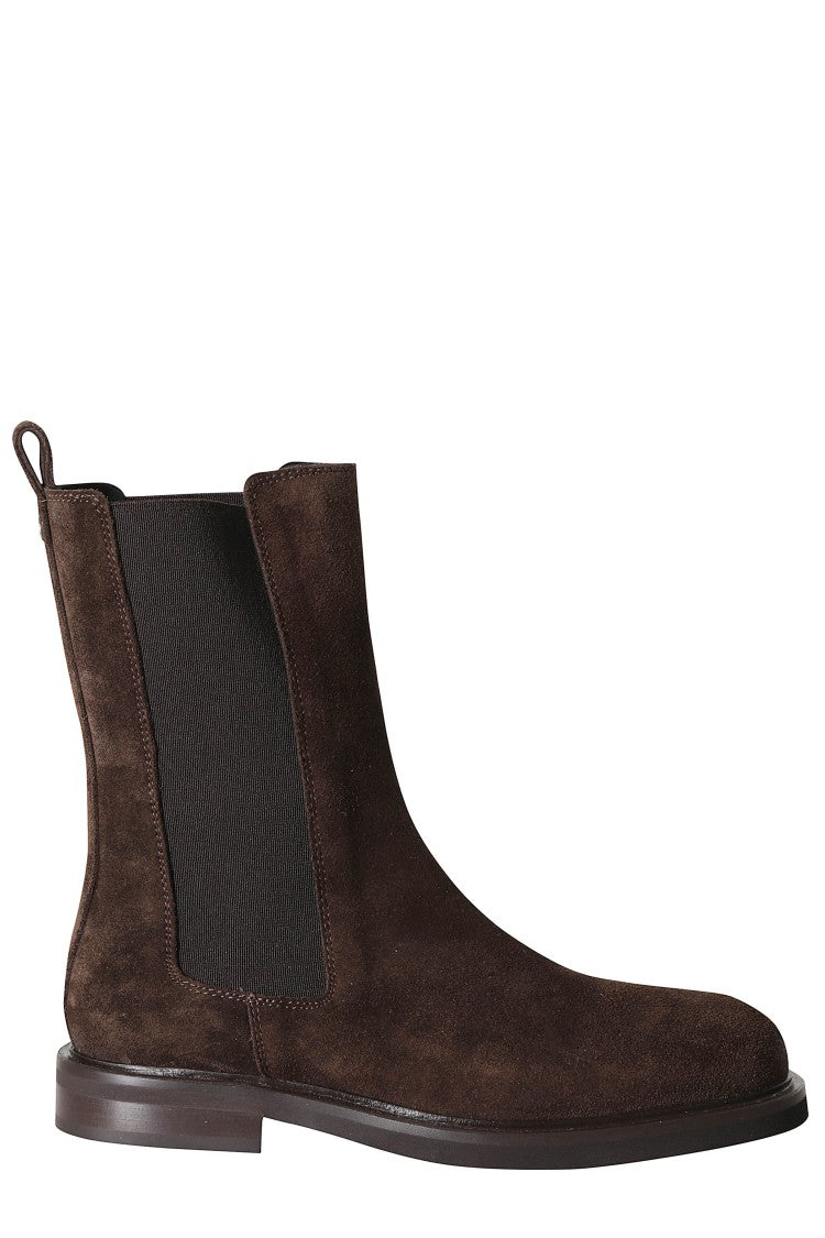 Poeve Dark Brown Suede Ankle Boots With Elastic Side Panels