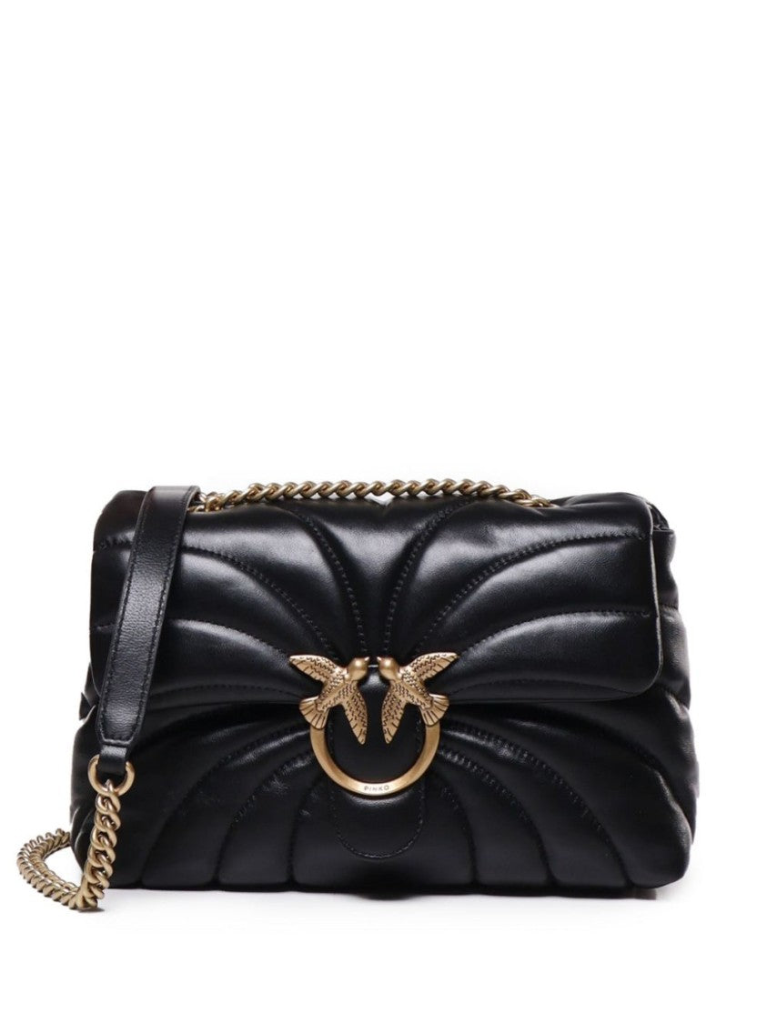Pinko Quilted Black Calf Leather Foldover Bag