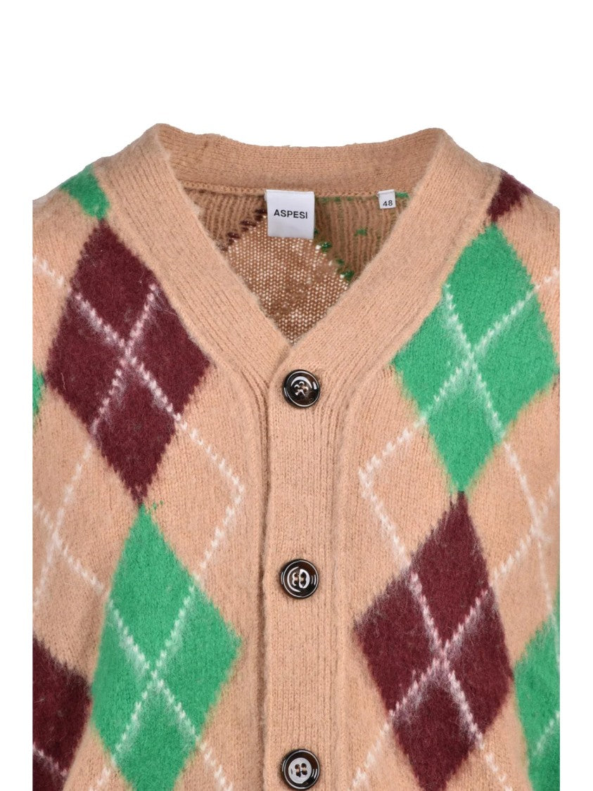 Aspesi Beige/Bordeaux Argyle Pattern V-Neck Wool Cardigan