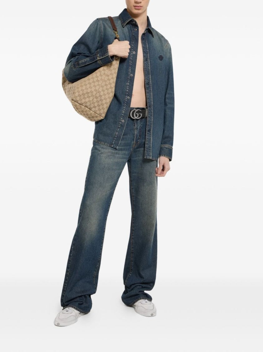 Gucci Blue Washed Cotton Crest Denim Shirt