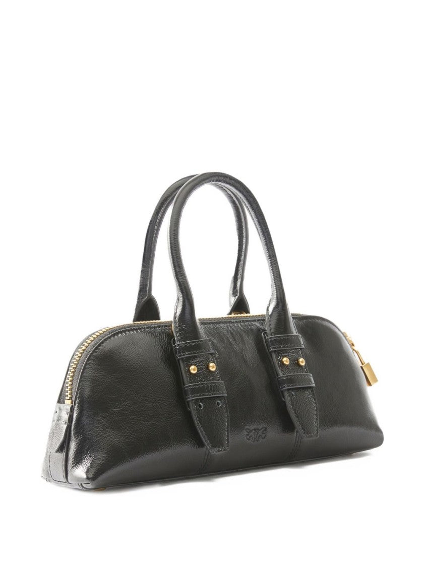 Pinko Elongated Black Calfskin Handbag With Gold Hardware