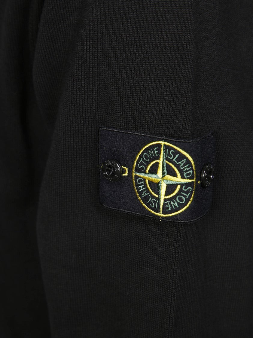 Stone Island V-Neck Black Cardigan With Distinctive Logo Patch