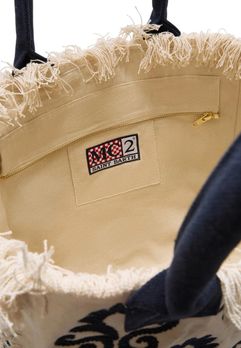 Mc2 Saint Barth Fringed Natural Beige Tote Bag With Black Detailing