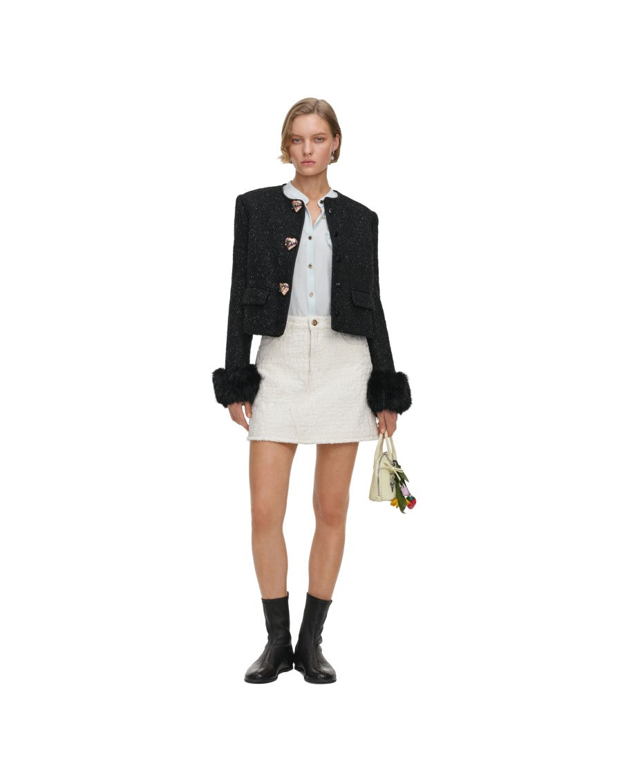 Self-Portrait Cropped Metallic Bouclé Faux Fur Cuff Jacket