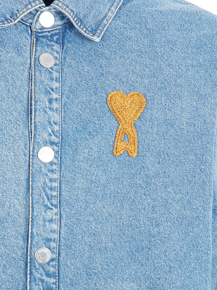 Ami Paris Indigo Denim Vintage-Effect Jacket With Crochet Patch