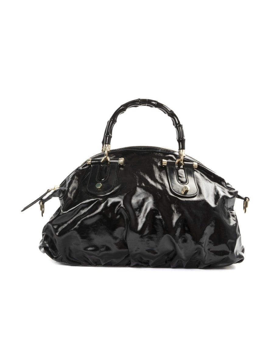 Gucci Black Dialux Bamboo Medium Patent Leather Tote Bag