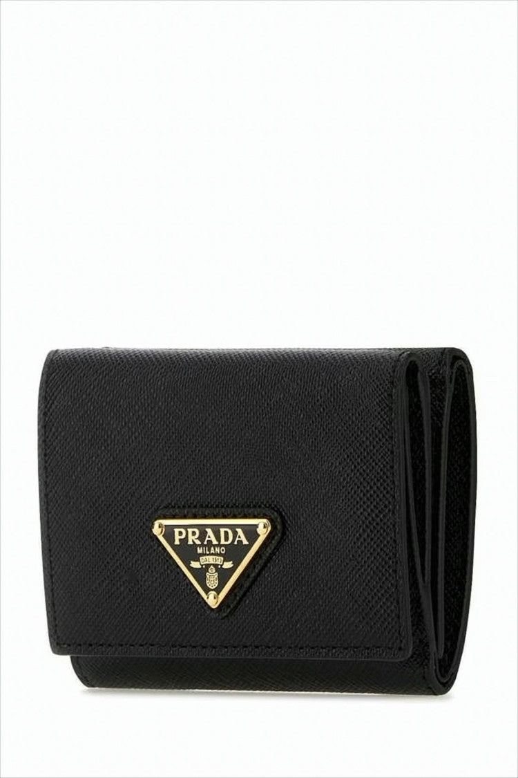 Prada Textured Leather Bifold Wallet With Triangular Metal Logo