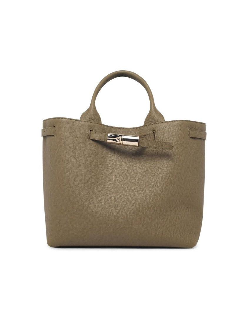 Longchamp Structured Olive Leather Shopping Bag With Adjustable Strap And Bamboo Buckle