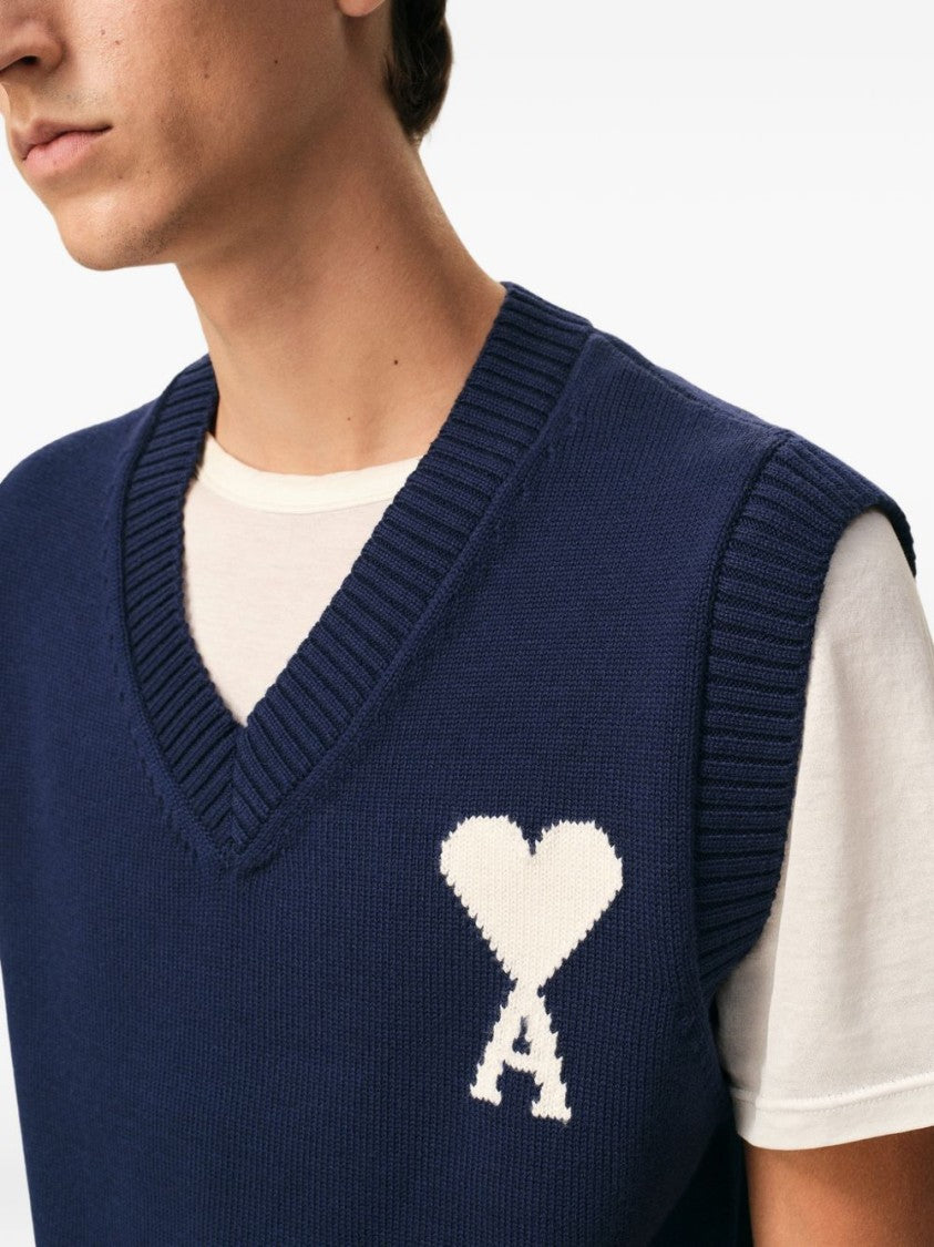Ami Paris Sleeveless Deep Blue Sweater Vest With V-Neck And Ribbed Hem