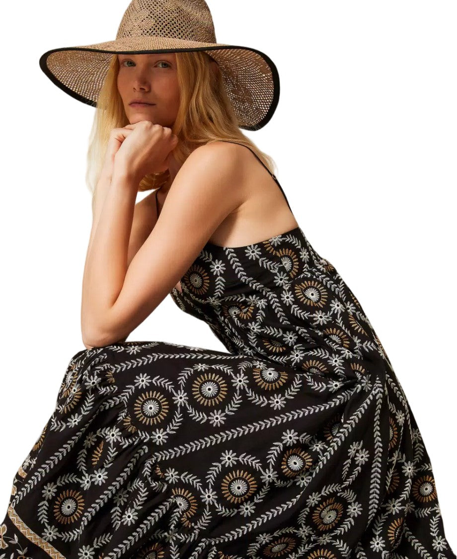 Twinset U&B Black Cotton Muslin Sangallo Embroidery Empire Dress
