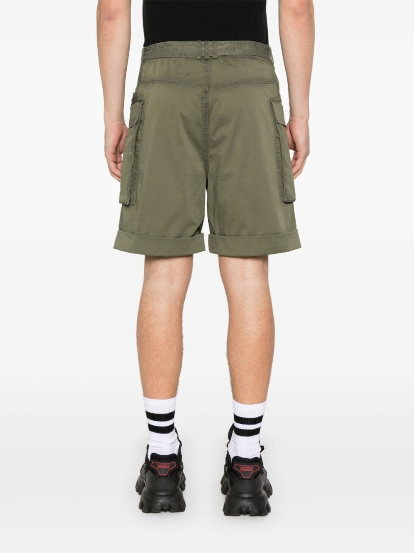 Balmain Olive Green Belted Waist Turn-Up Shorts