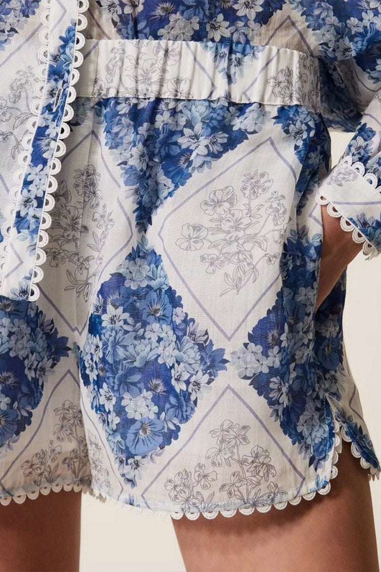 Twin-Set Blue Ramie Diamond-Patchwork Floral-Print Shorts