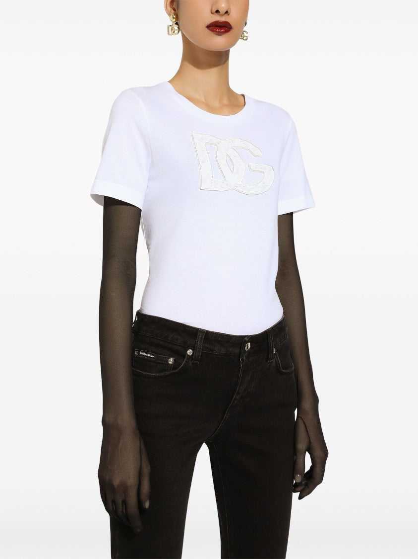 Dolce & Gabbana Fitted White Cotton Jersey Lace T-Shirt