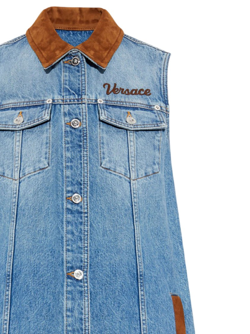 Versace Light Denim/Marrone Cotton Denim Sleeveless Dress
