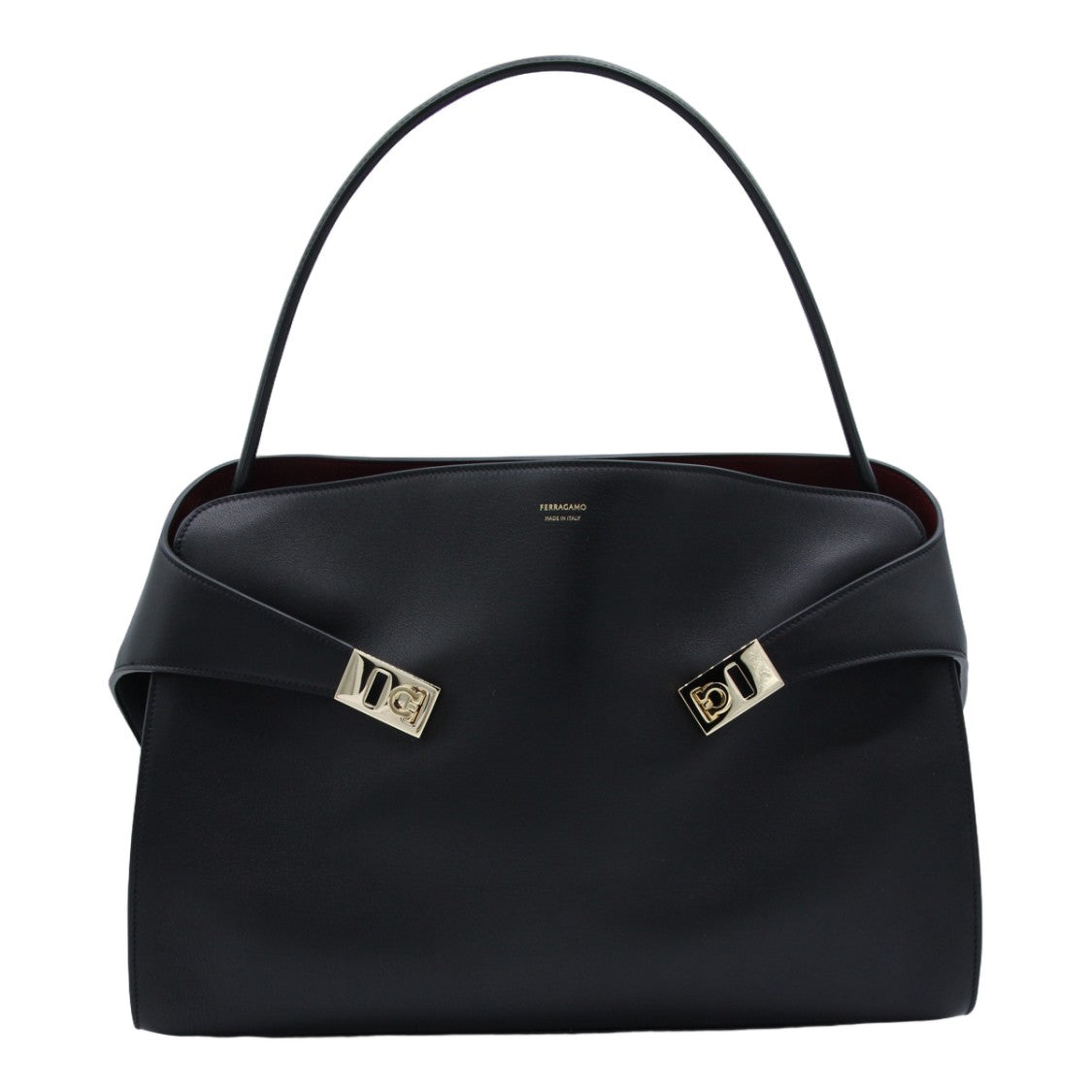 Ferragamo Structured Black Handbag With Gold-Tone Hardware