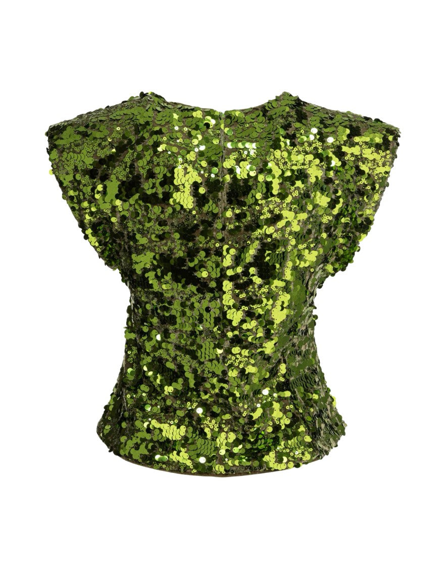 Ganni Fitted Green Sequins Top With Cap Sleeves
